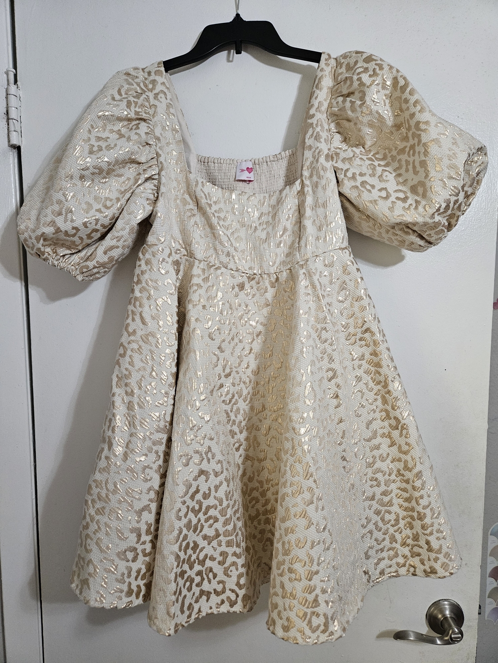 Buddy Love Gold Cream Metallic Leopard Puff-Sleeve Mini Dress